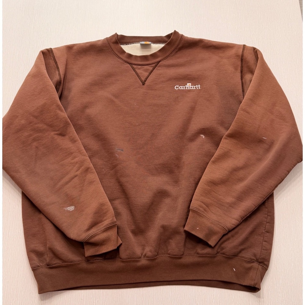 Carhartt Mens Thermal Lined Crewneck Sweatshirt Brown Workwear Distressed XL